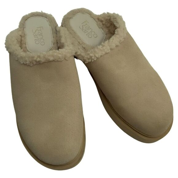 Franco Sarto Waleria Clogs Suede Faux Fur Slip On Mules Beige Sand Women's Sz 9M - Picture 1 of 11